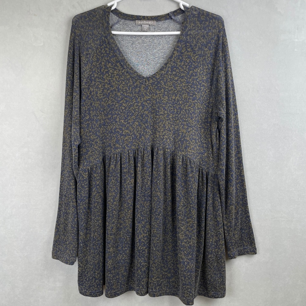 Peace & Pearls Womens Green Navy Marl Babydoll Peplum Cottage Tunic Top V-Neck L
